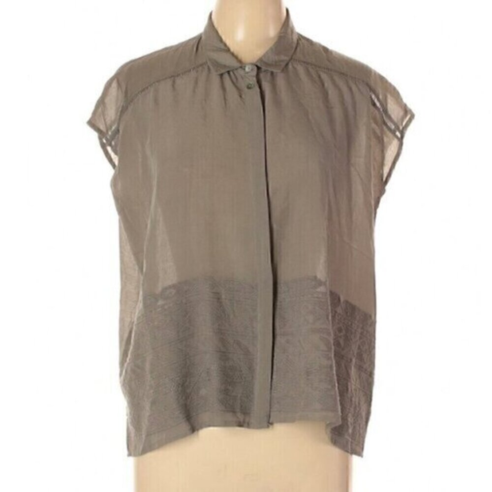 ERI + ALI ANTHROPOLOGIE Olive Green Embroidered Boxy Dolman Sleeve Button Down S